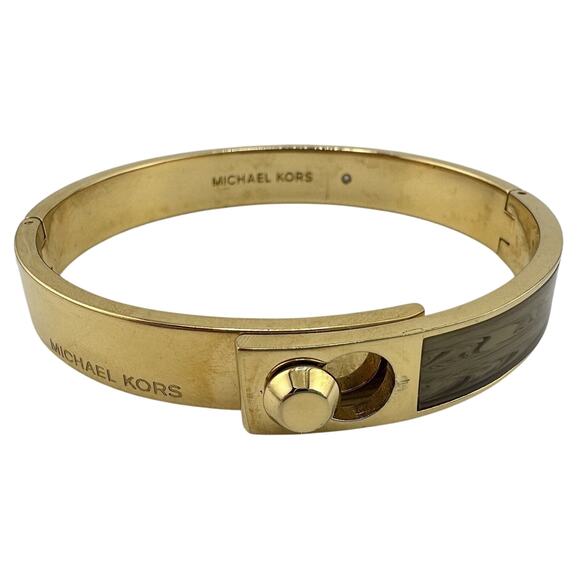 6.25” Michael Kors Astor Gold Tone Hinged Slide Lock Faux Wood Bangle Bracelet - Picture 1 of 5